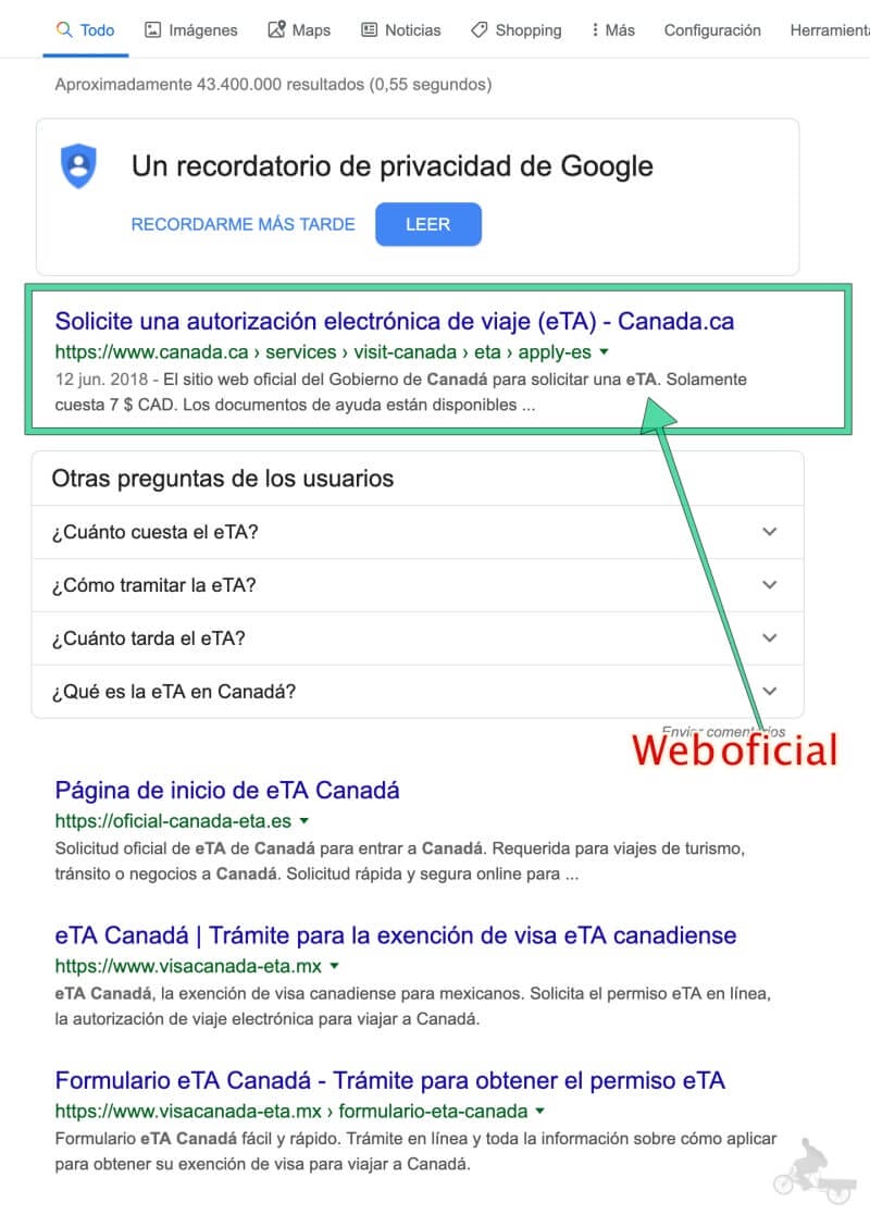 web oficial eTA canada en busqueda google