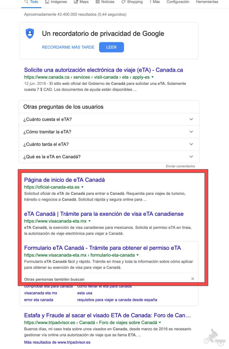 webs fraude eTA Canadá en google