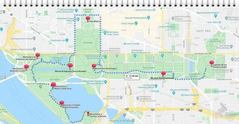 mapa recorrido national mall en excursión a Washington desde Nueva York