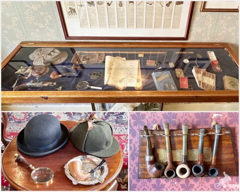 objetos y accesorios del detective Sherlock Holmes en baker street